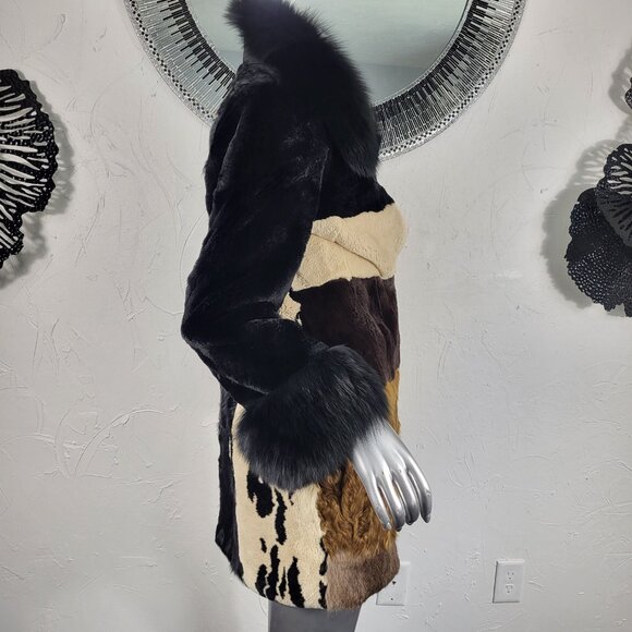 DIAGRAM~XS~BLACK ANIMAL PRINT GENUINE FOX FUR REAL CURLY LAMB MINK RABBIT COAT - Picture 6 of 16